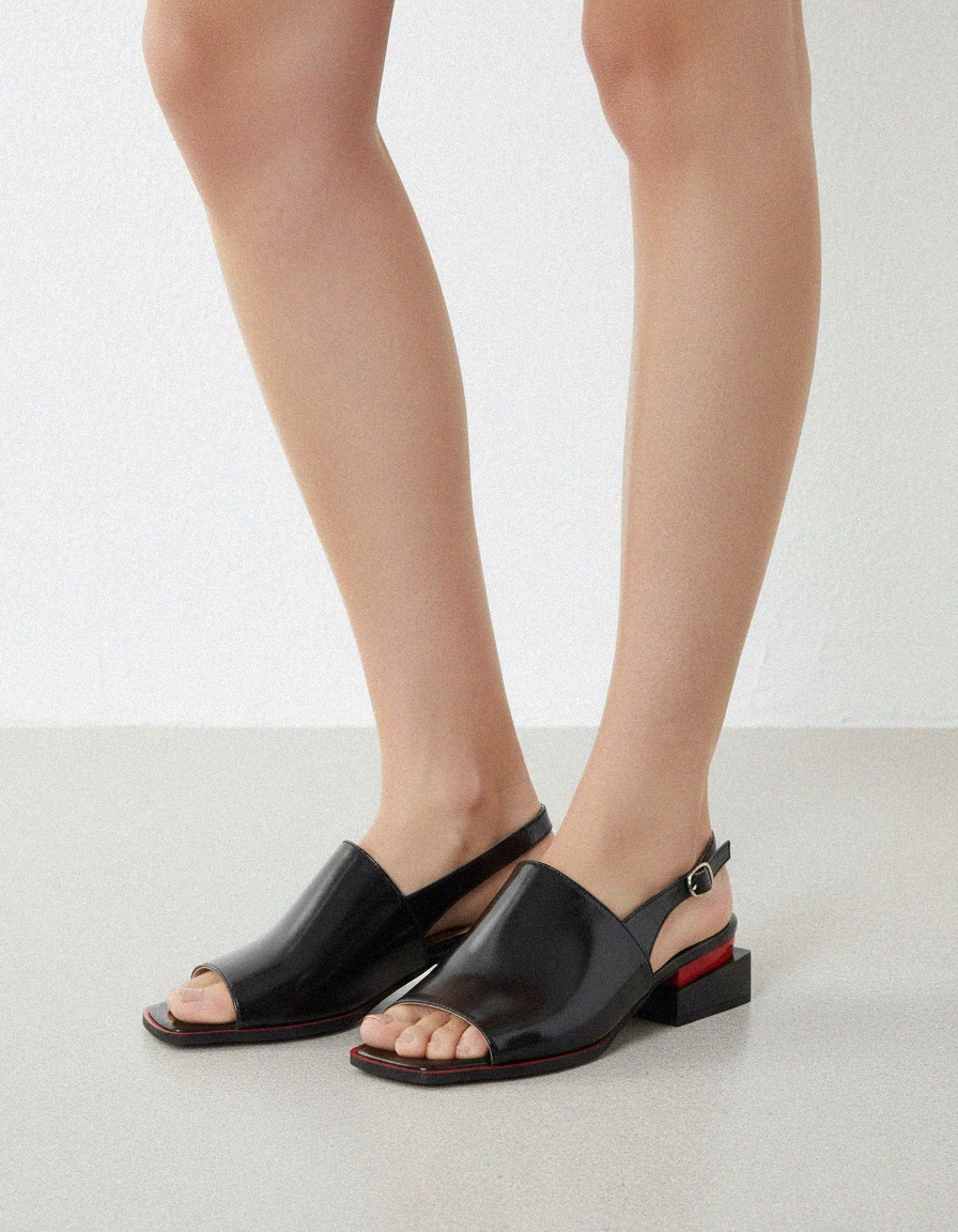 Black Patent Sandal Heels with Red Detail photo 2