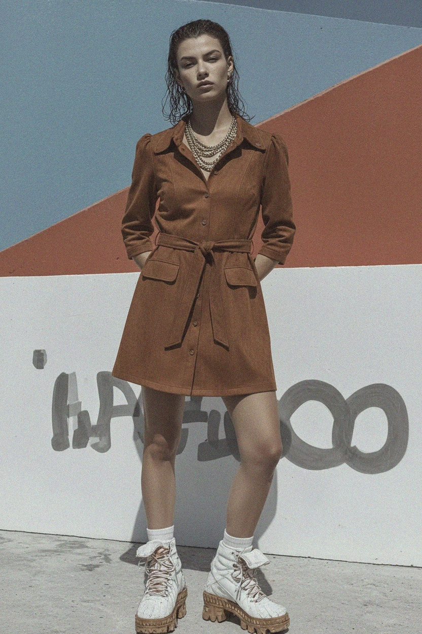 Brown Faux Suede Mini Shirt Dress with Tie Waist photo 3