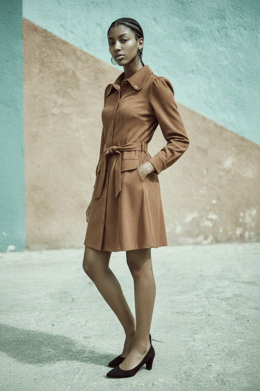 Brown Faux Suede Mini Shirt Dress with Tie Waist photo 4