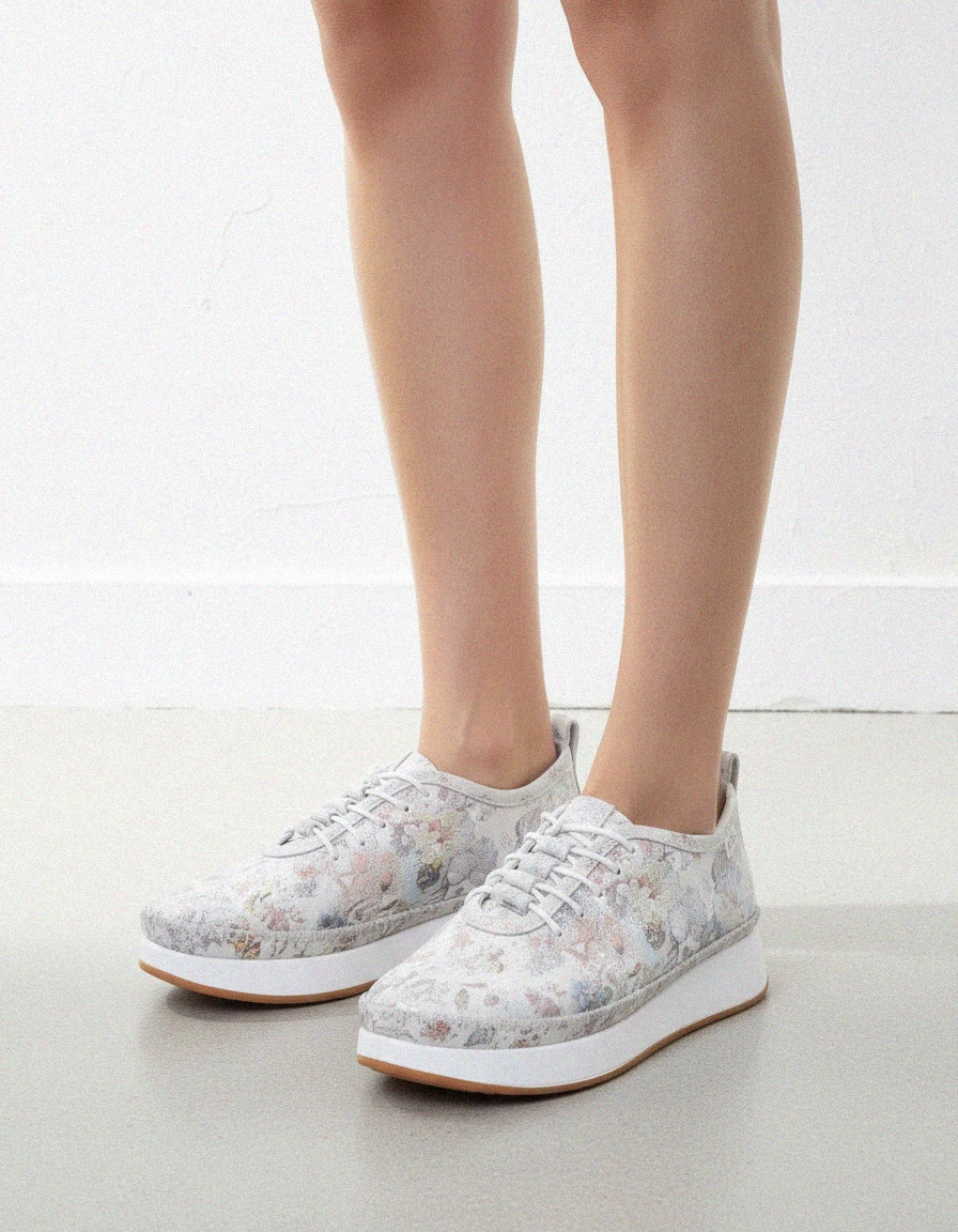 White Floral Print Platform Lace-up Sneakers photo 2