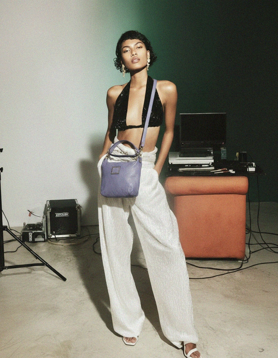 Purple Leather Shoulder Bag with Stud Accents photo 2