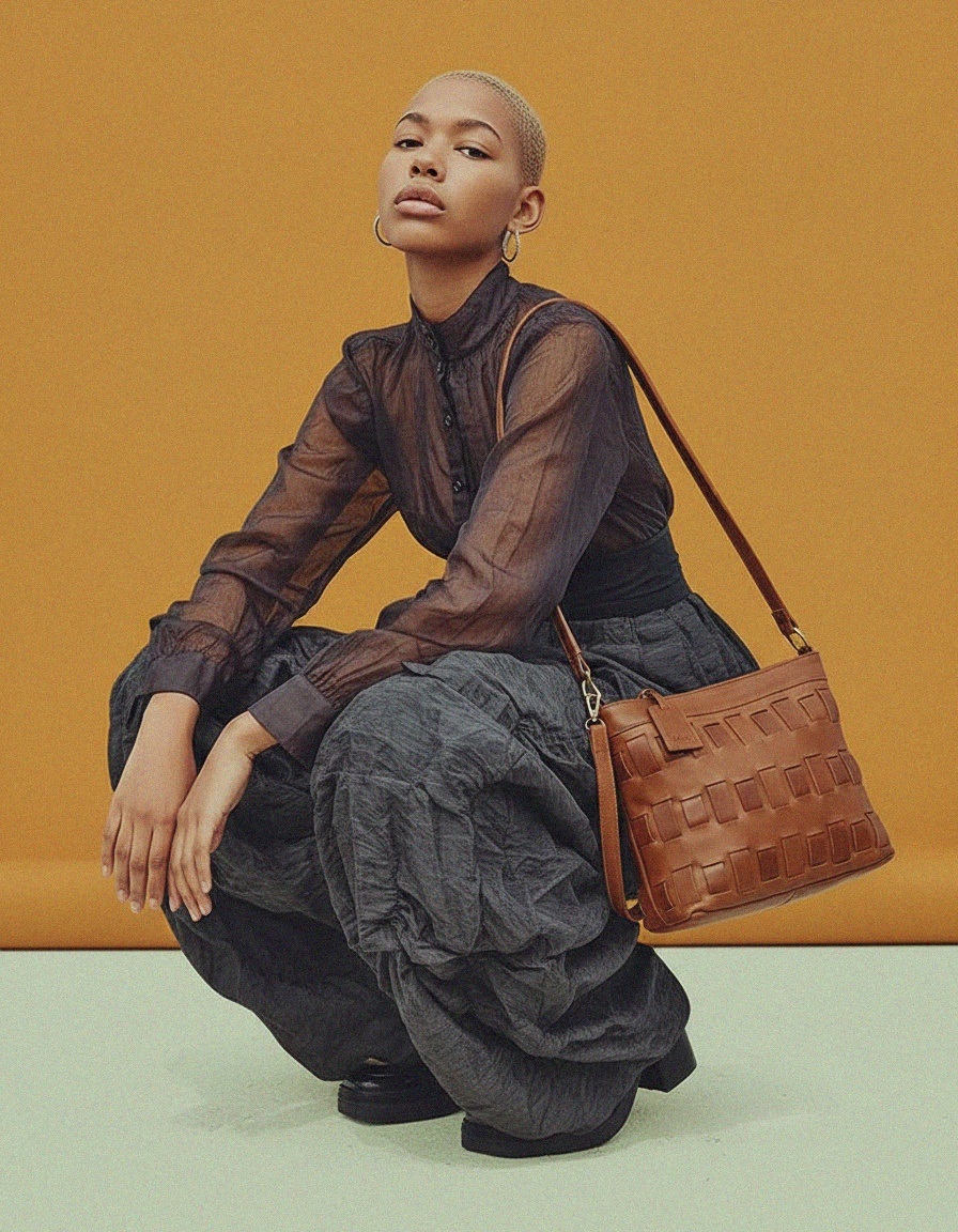 Brown Leather Woven Shoulder Bag with Adjustable Strap photo 2