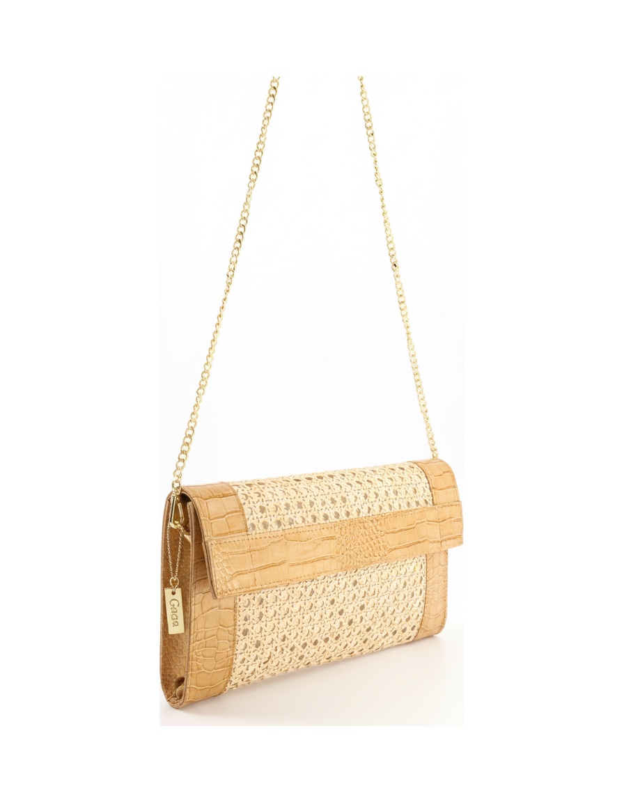 Beige Rattan & Croc-Embossed Clutch with Gold Chain photo 1