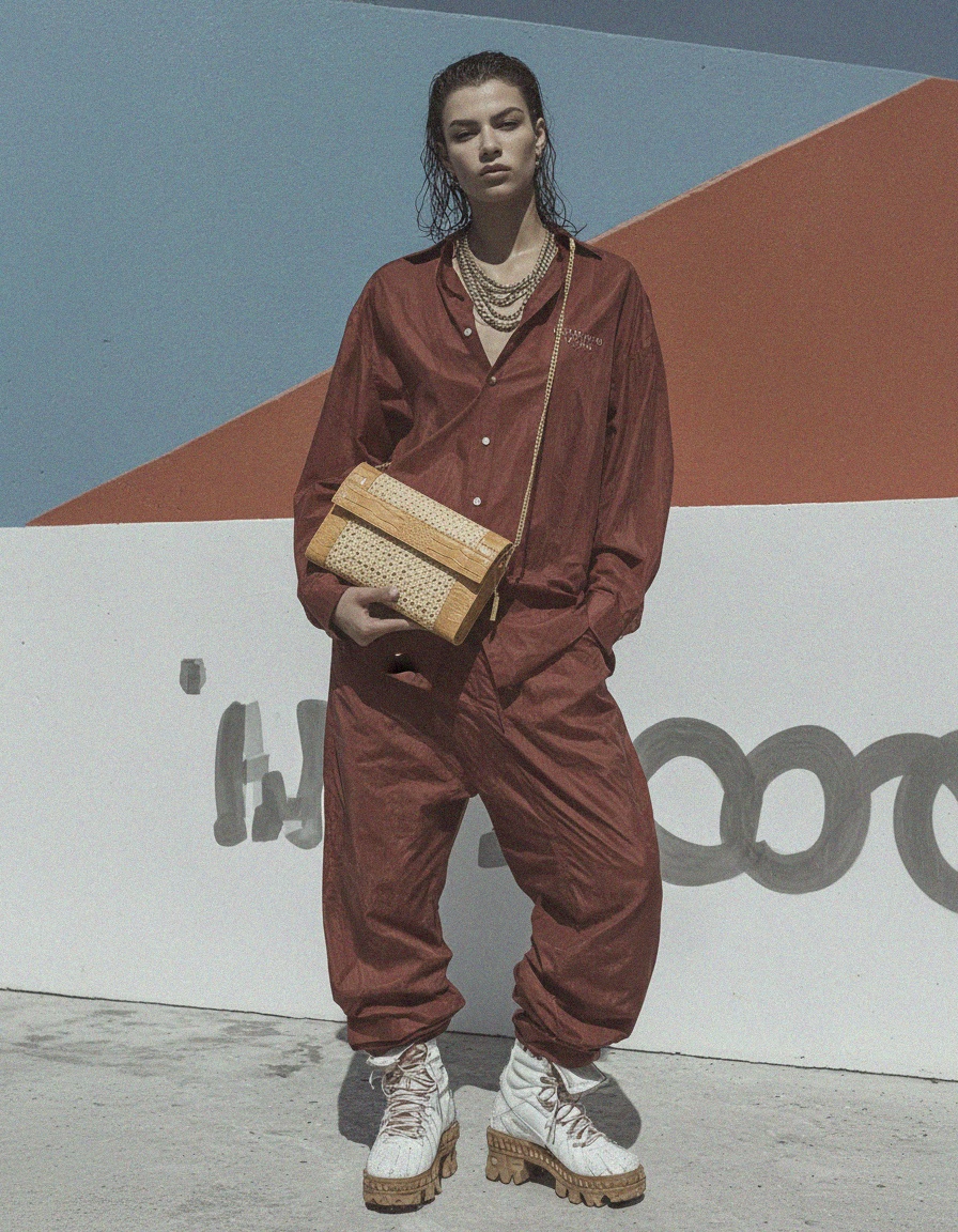 Beige Rattan & Croc-Embossed Clutch with Gold Chain photo 2