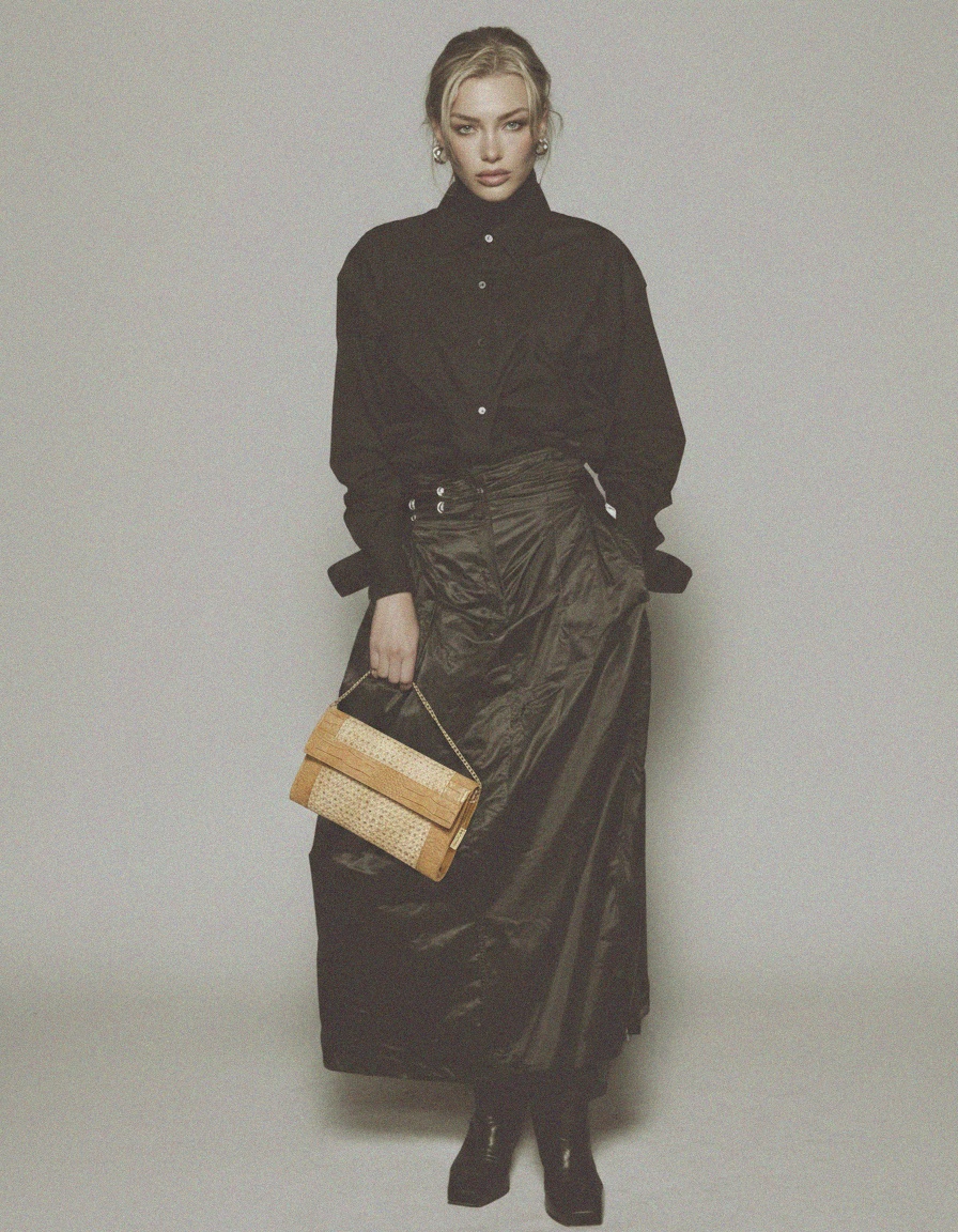 Beige Rattan & Croc-Embossed Clutch with Gold Chain photo 3