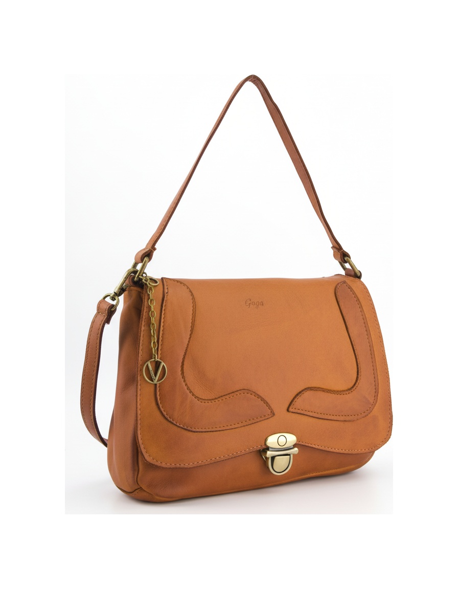Tan Leather Flap Shoulder Bag with V Charm photo 1
