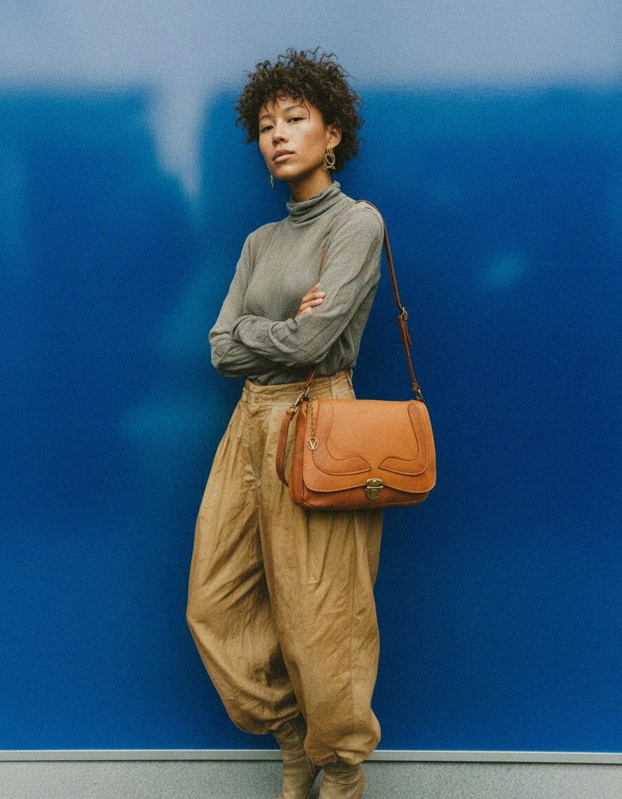 Tan Leather Flap Shoulder Bag with V Charm photo 2