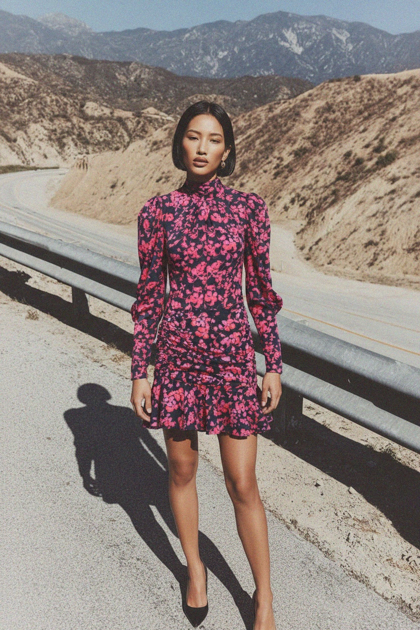 Floral Ruched Mini Dress with Puffed Sleeves photo 4