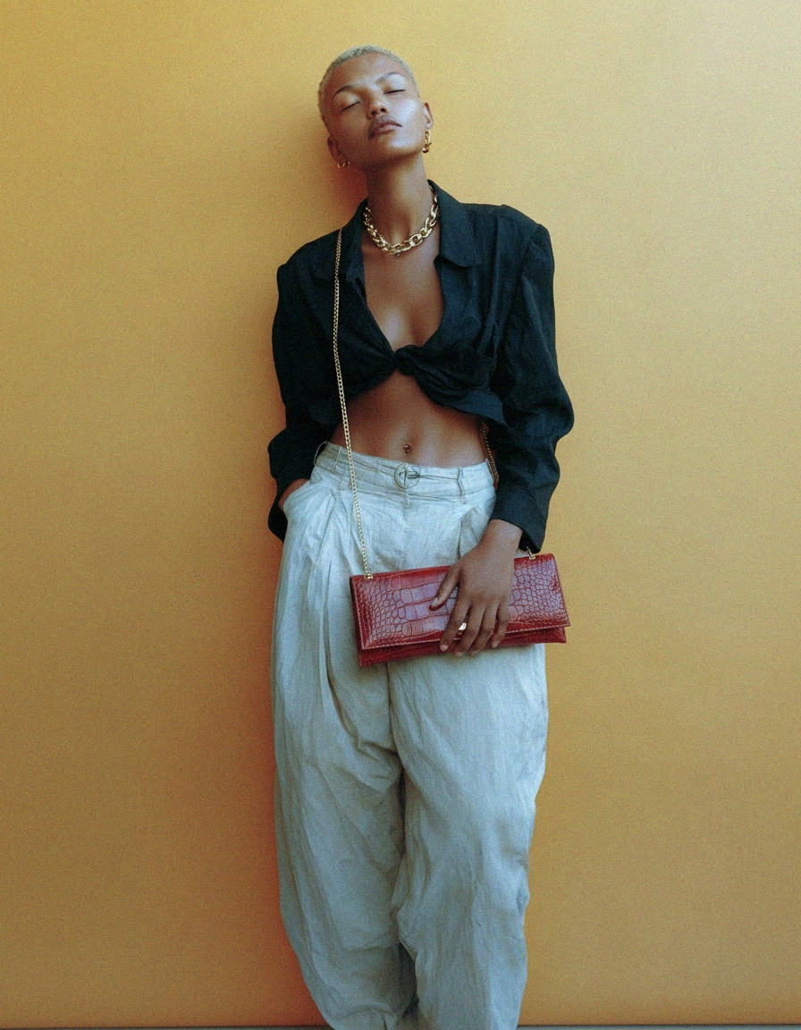 Chic Red Croc-Effect Clutch Bag with Gold Chain Strap photo 3