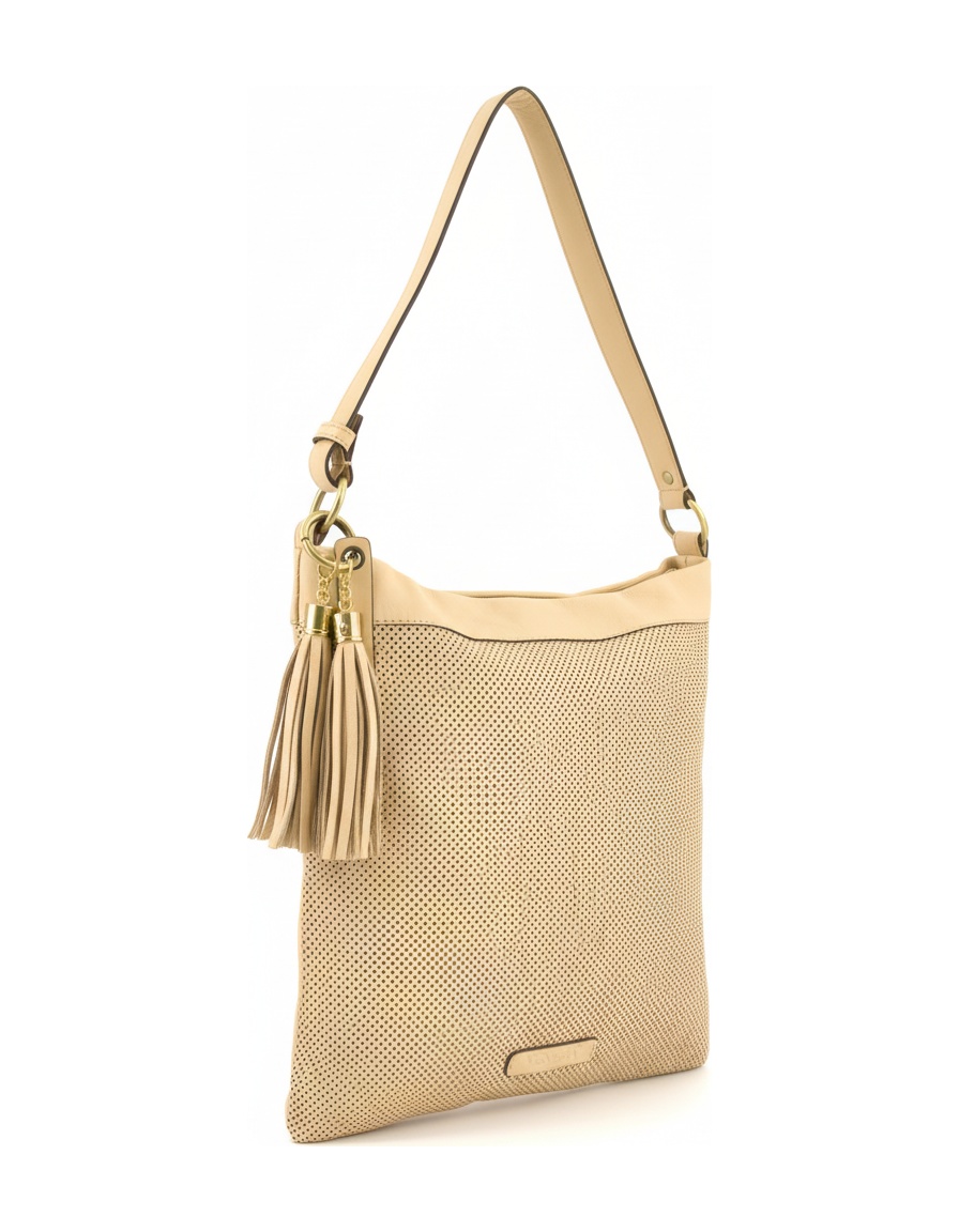 Beige Perforated Shoulder Bag with Tassel Charm photo 1