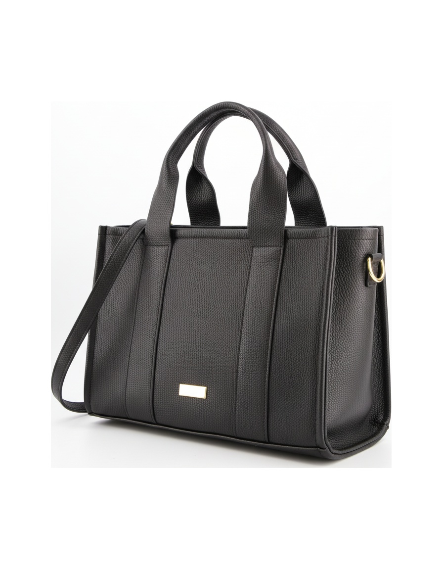 Black Textured Tote Handbag with Detachable Strap photo 1