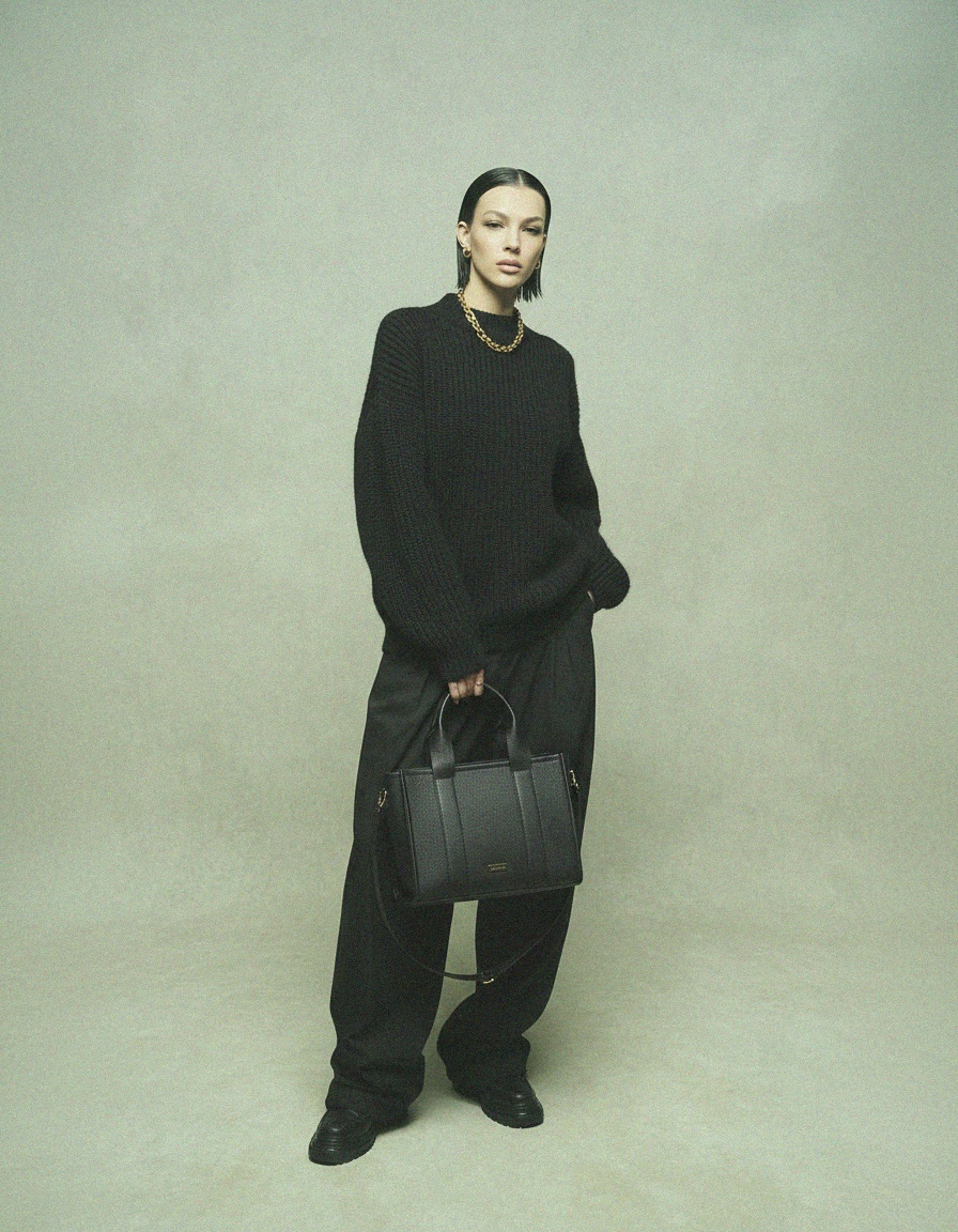 Black Textured Tote Handbag with Detachable Strap photo 2