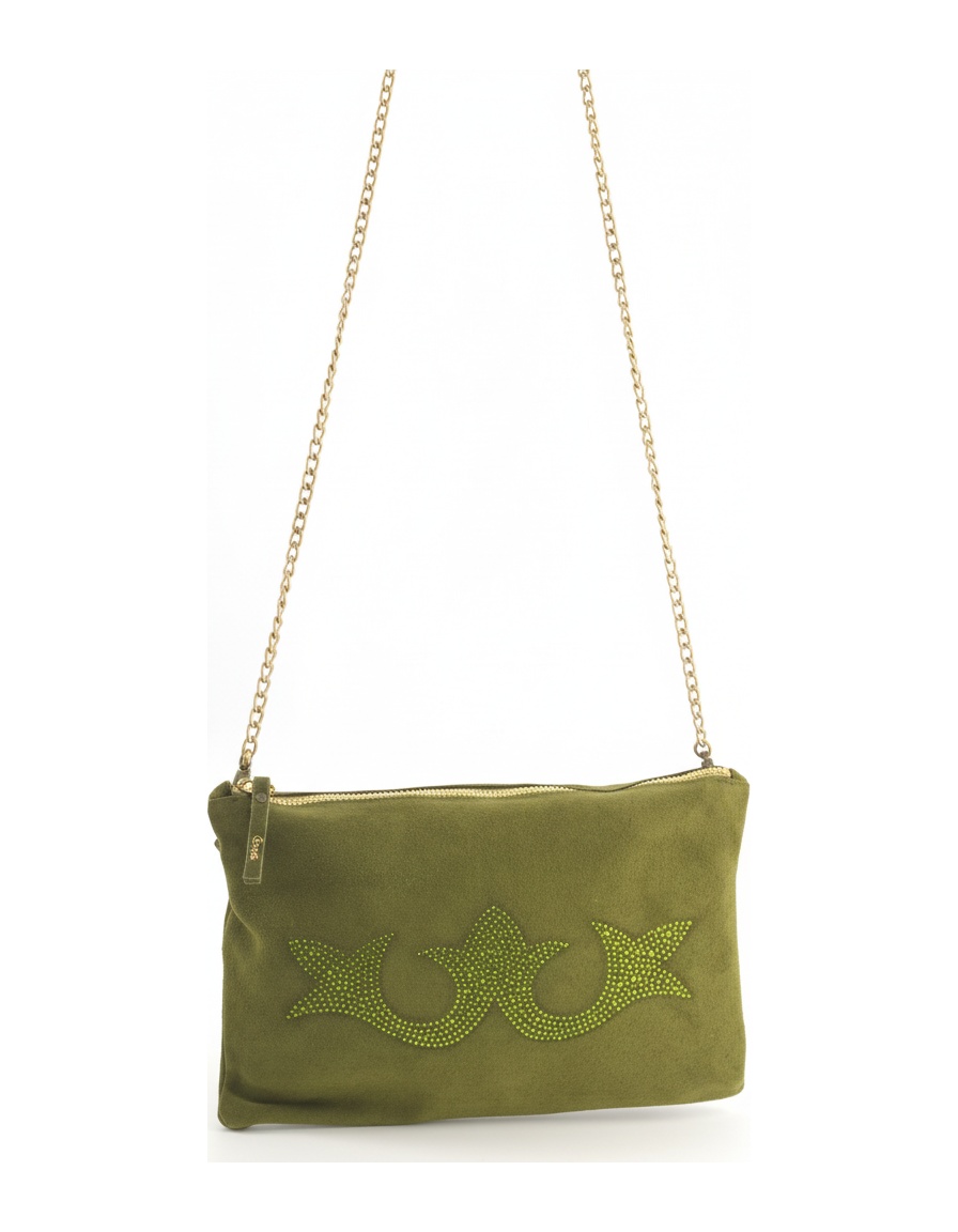 Green Suede Embellished Clutch with Gold Chain photo 1