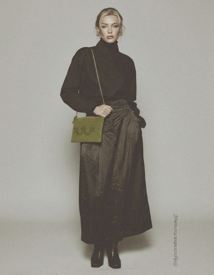 Green Suede Embellished Clutch with Gold Chain photo 5