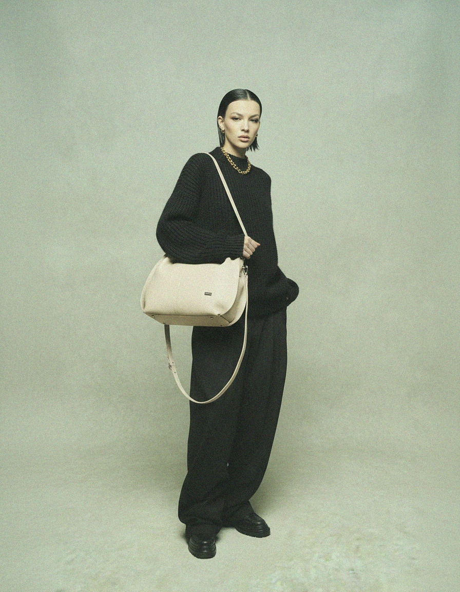 Elegant Beige Leather Shoulder Bag with Detachable Strap photo 3