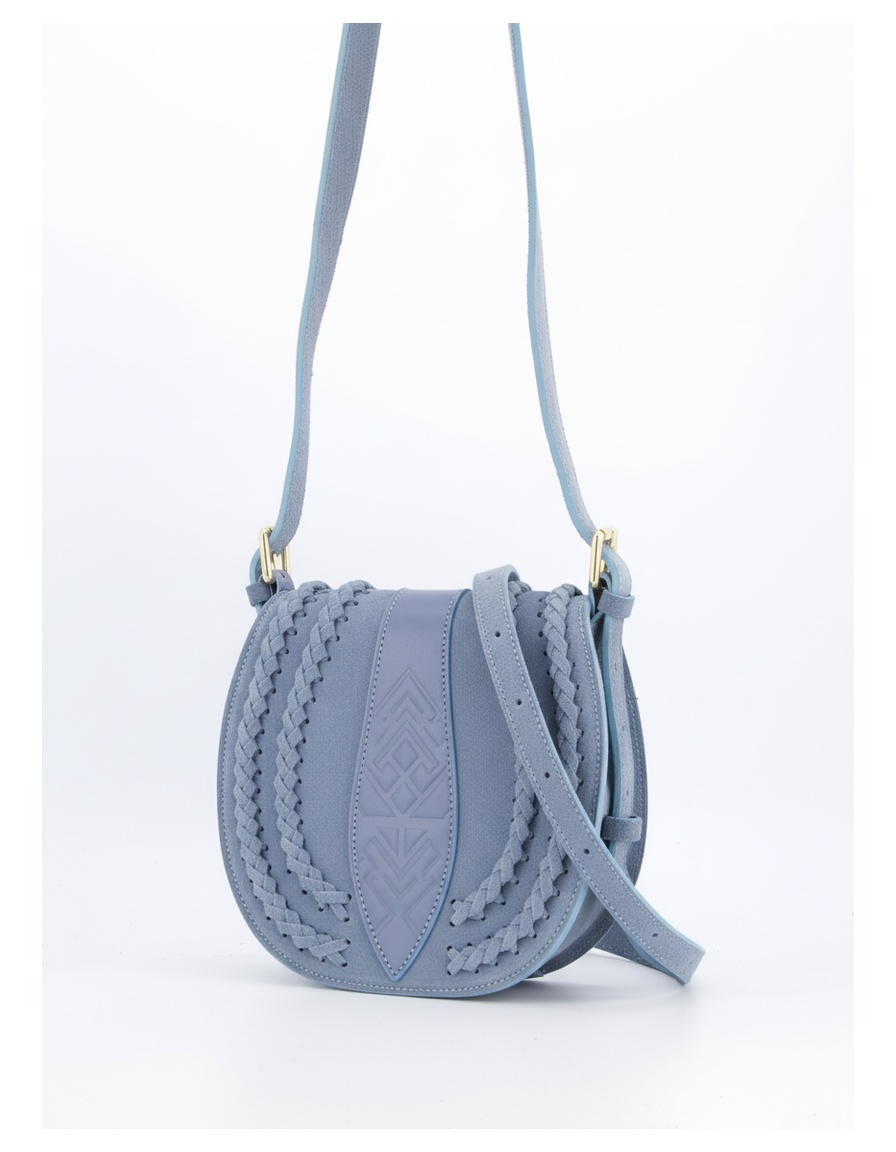 Stylish Blue Suede Saddle Bag with Braided Details photo 1
