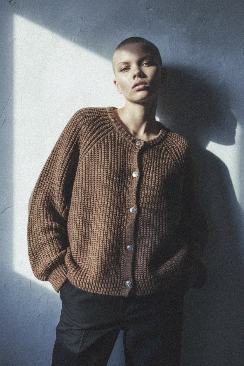 Brown Ribbed Knit Cardigan photo 4