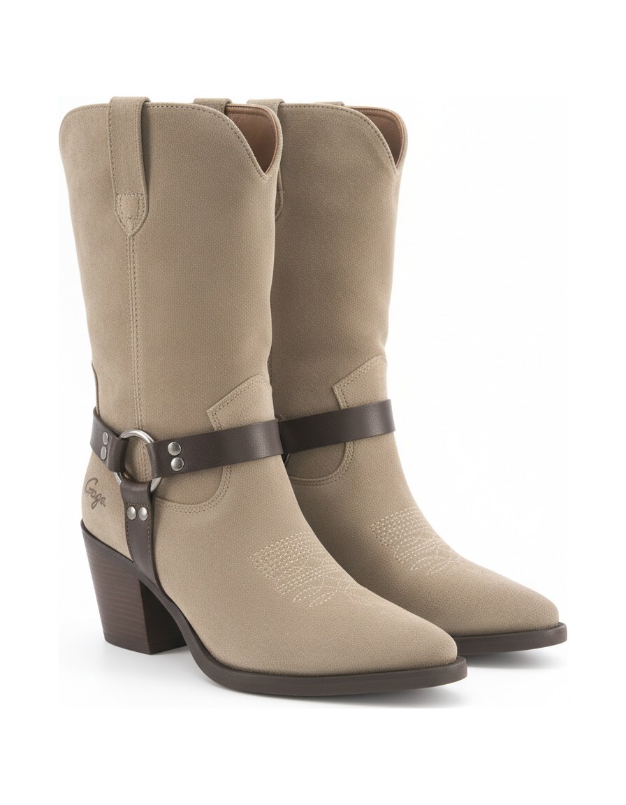 Beige Suede Western Style Boots with Block Heel photo 1