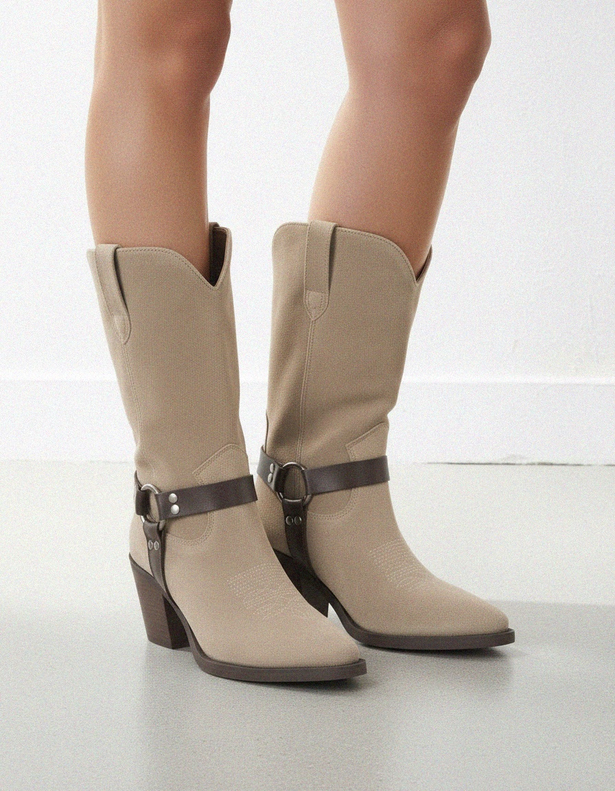 Beige Suede Western Style Boots with Block Heel photo 2