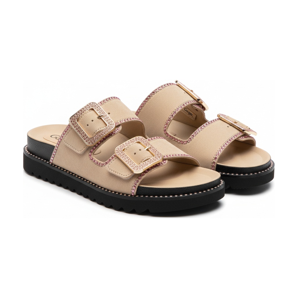Beige Two-Strap Embellished Buckle Sandals photo 1