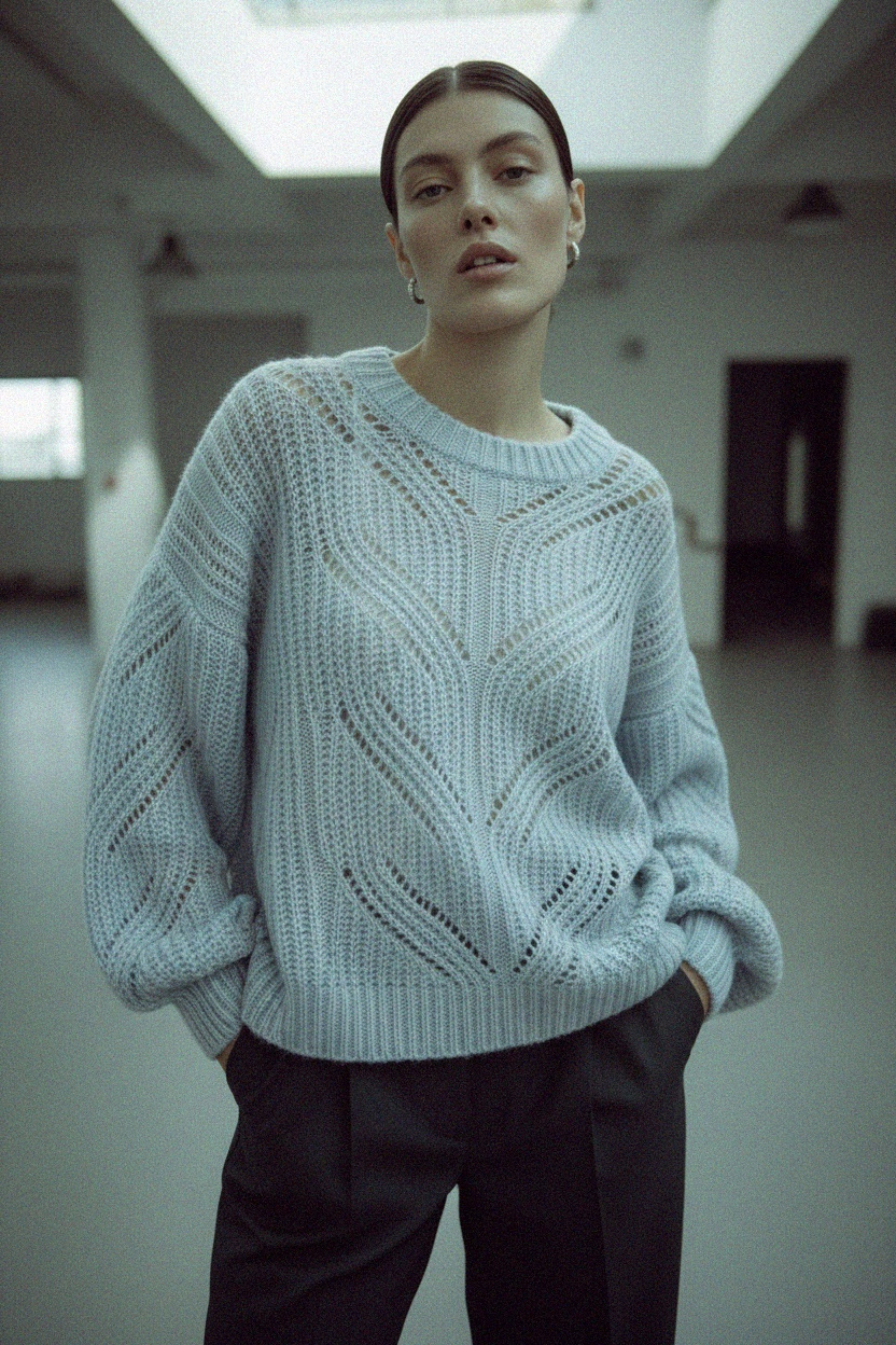 Oversized Light Blue Open-Knit Sweater with Balloon Sleeves photo 3