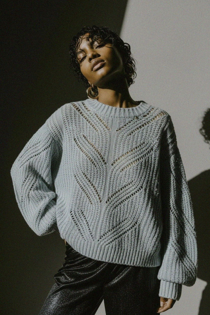 Oversized Light Blue Open-Knit Sweater with Balloon Sleeves photo 4