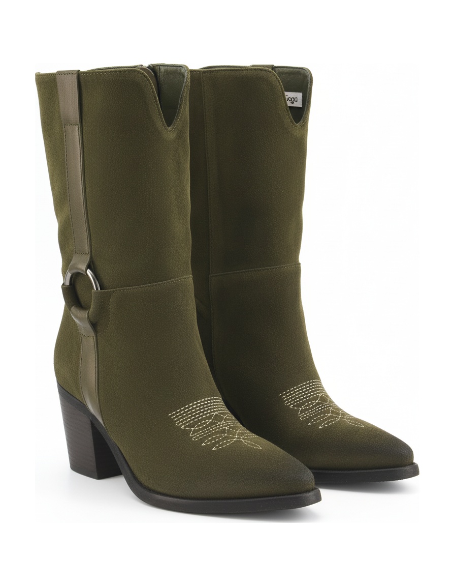 Green Suede Western Ankle Boots with Block Heel photo 1