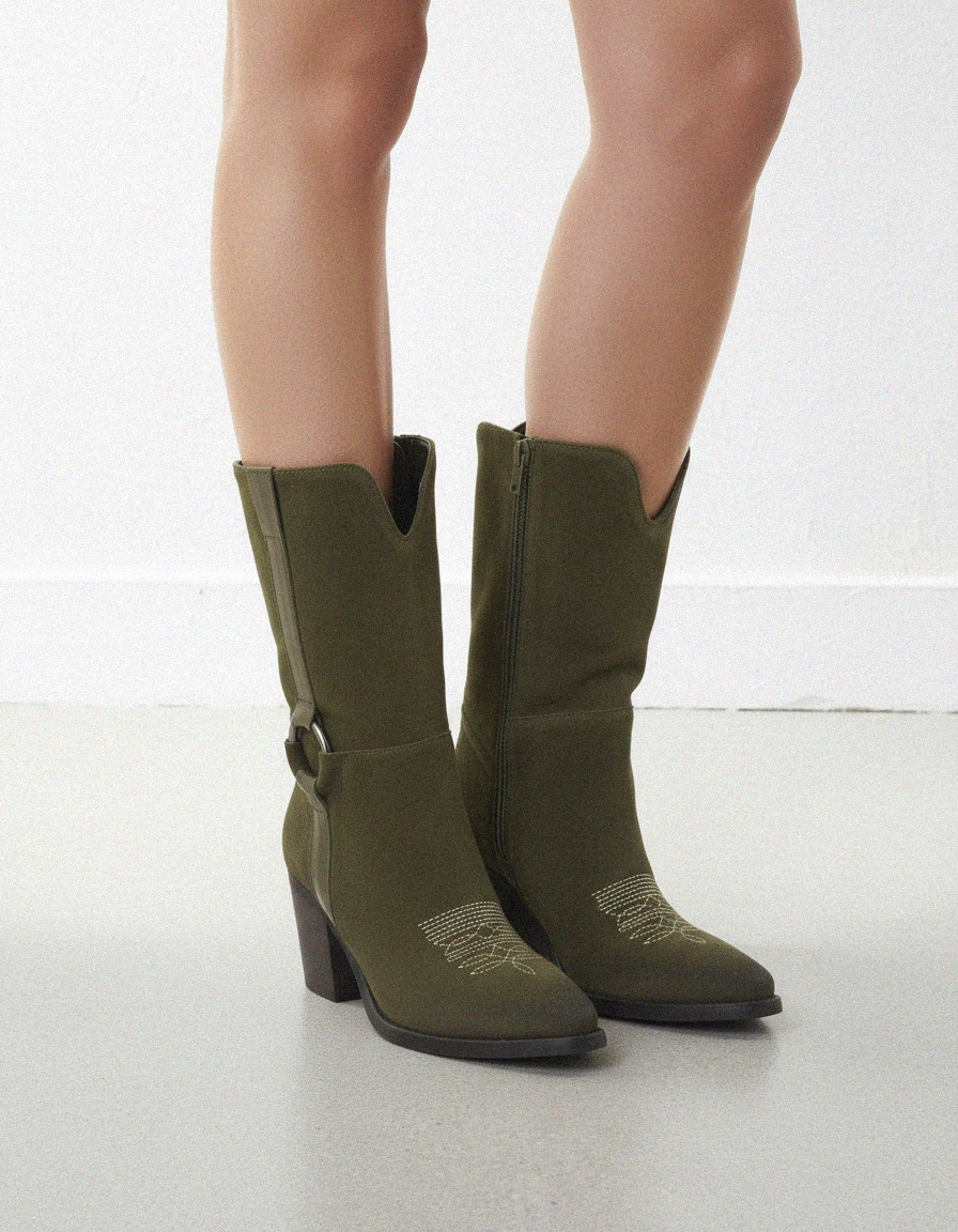 Green Suede Western Ankle Boots with Block Heel photo 2