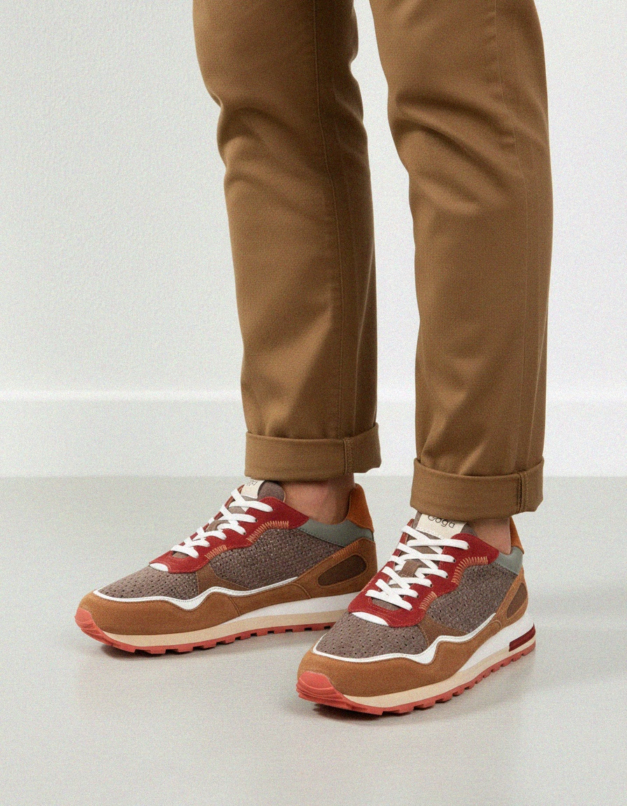 Brown Suede & Woven Panel Casual Sneakers photo 2