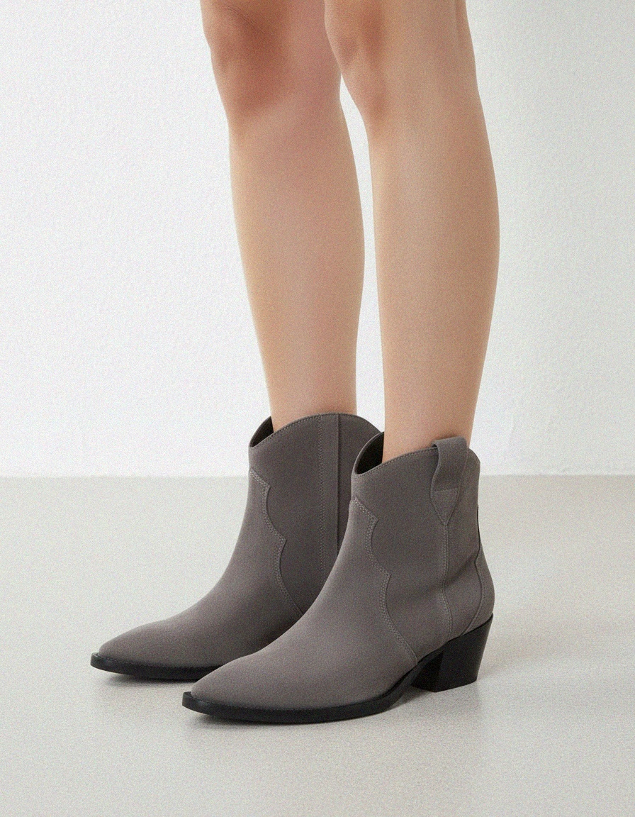 Grey Suede Pointed Toe Ankle Boots with Block Heel photo 2