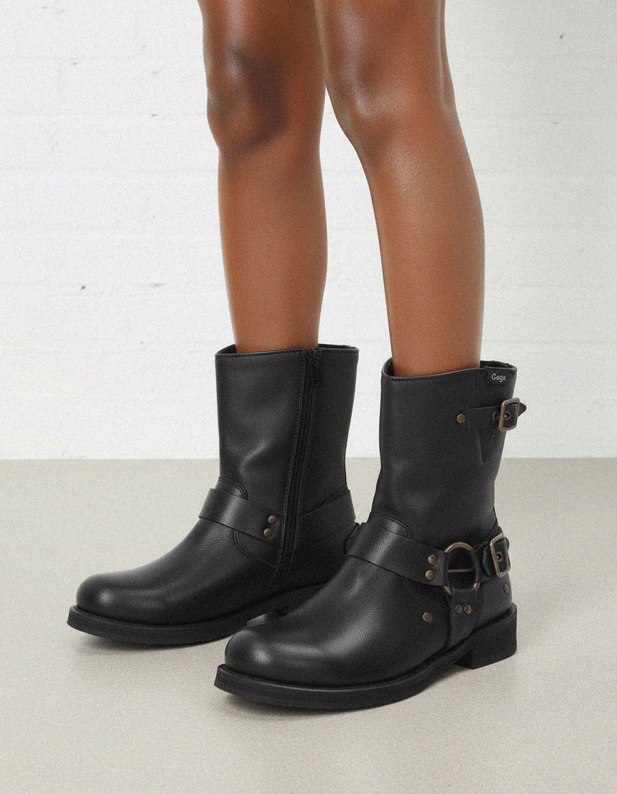 Black Leather Buckle Ankle Boots photo 2