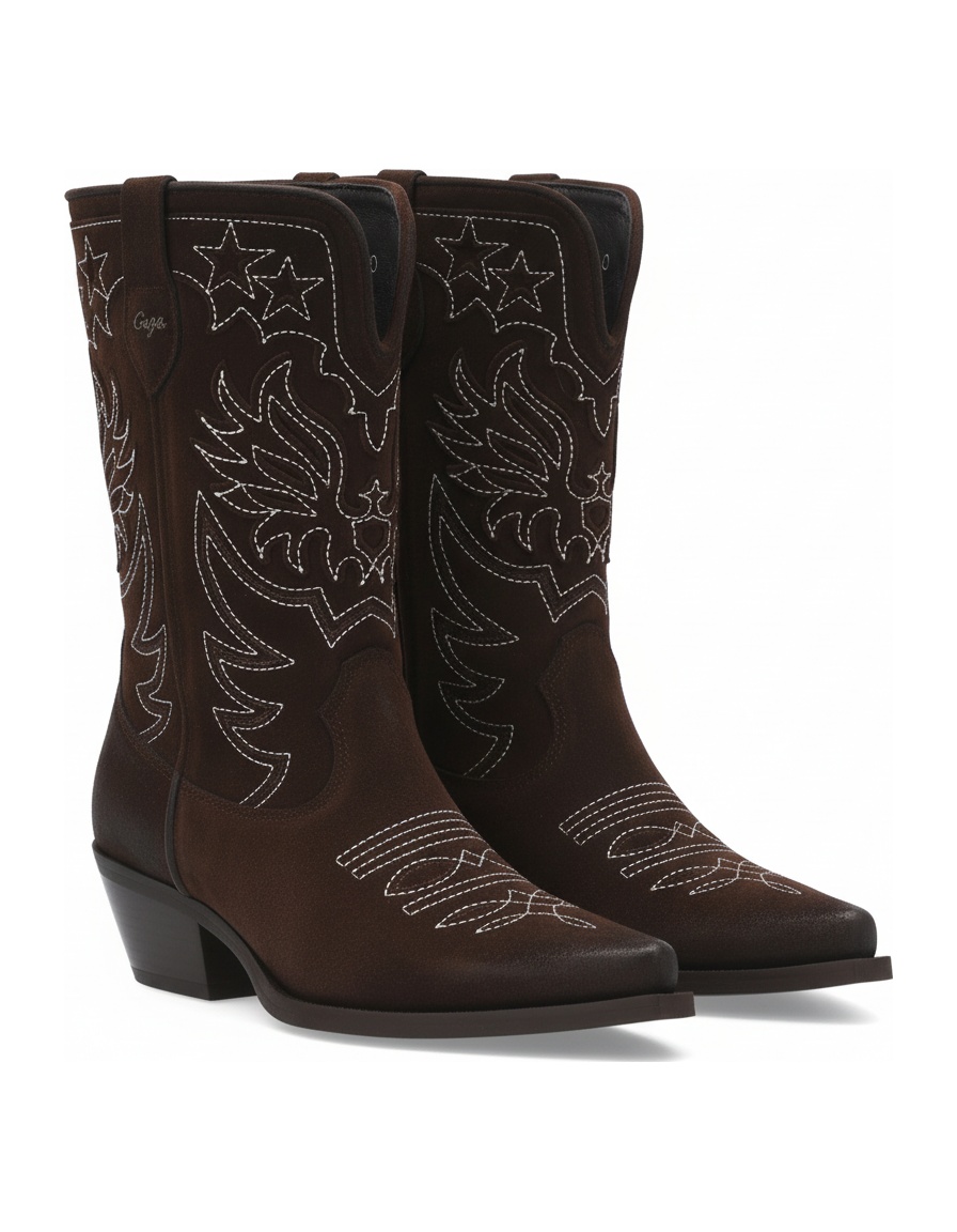 Brown Suede Western Boots with White Stitching photo 1