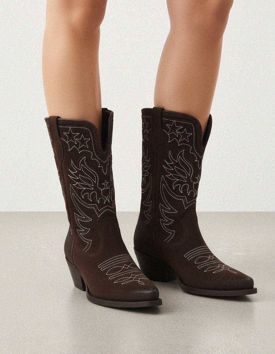 Brown Suede Western Boots with White Stitching photo 2