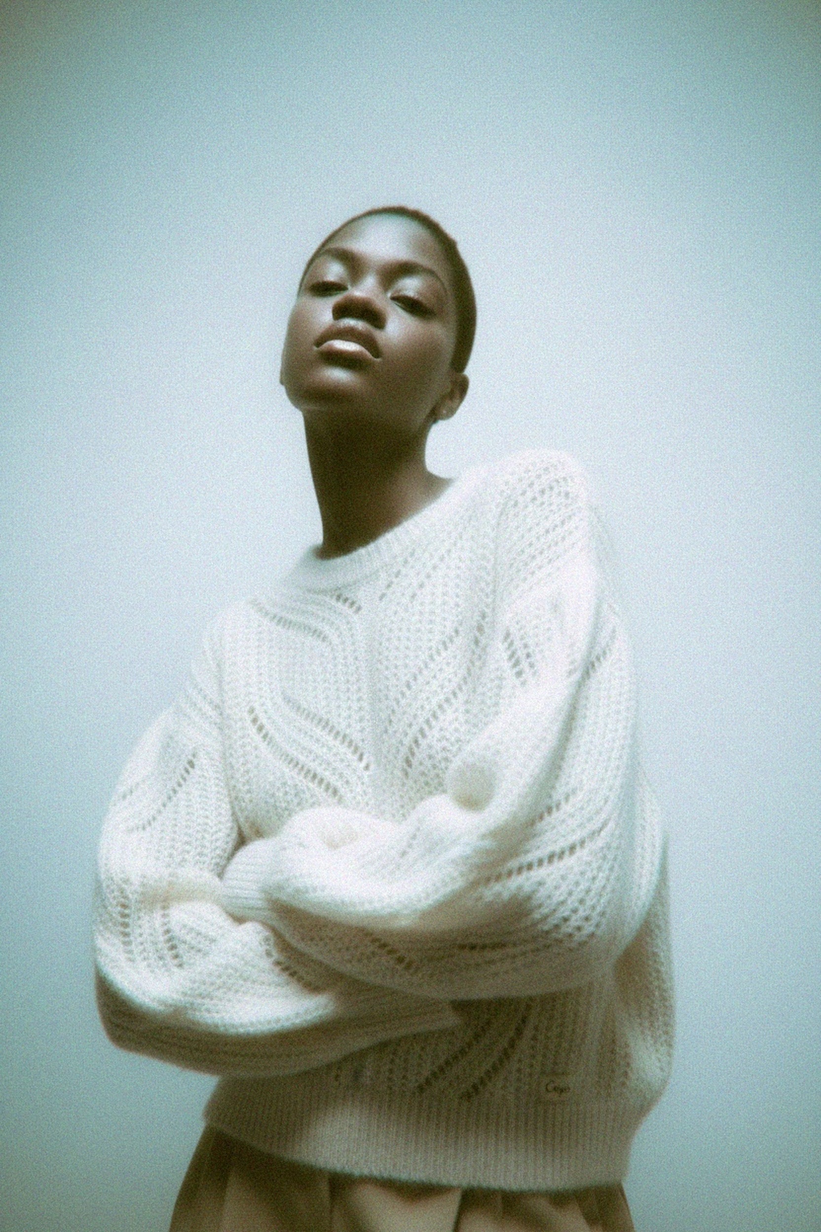 White Open-Knit Sweater with Voluminous Sleeves photo 2