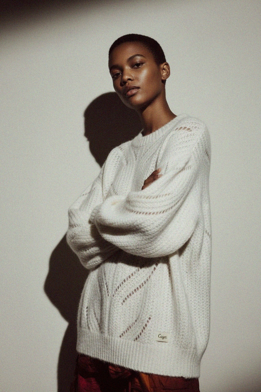 White Open-Knit Sweater with Voluminous Sleeves photo 3