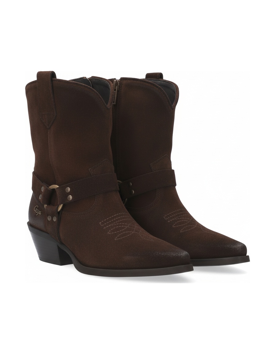 Dark Brown Suede Western Ankle Boots with Harness Detail photo 1