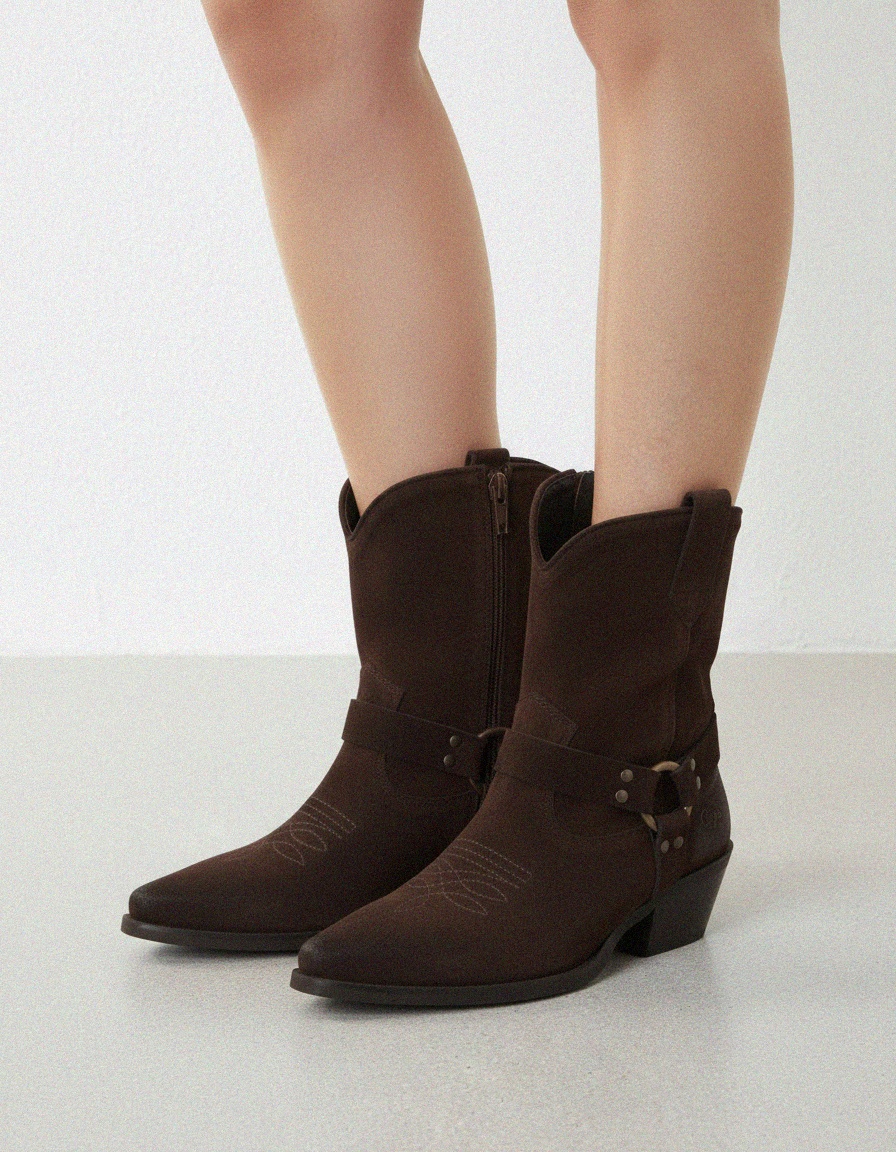 Dark Brown Suede Western Ankle Boots with Harness Detail photo 2