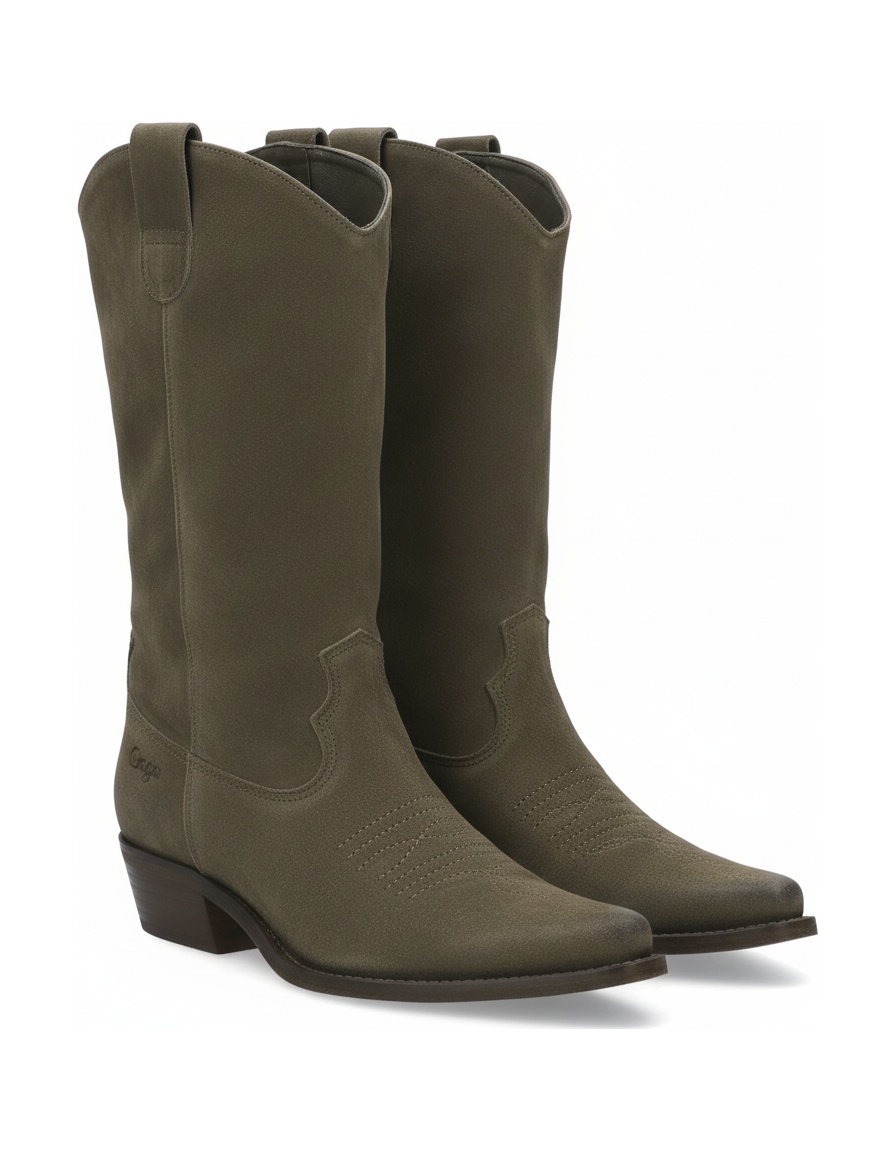 Olive Suede Western Boots with Pointed Toe photo 1