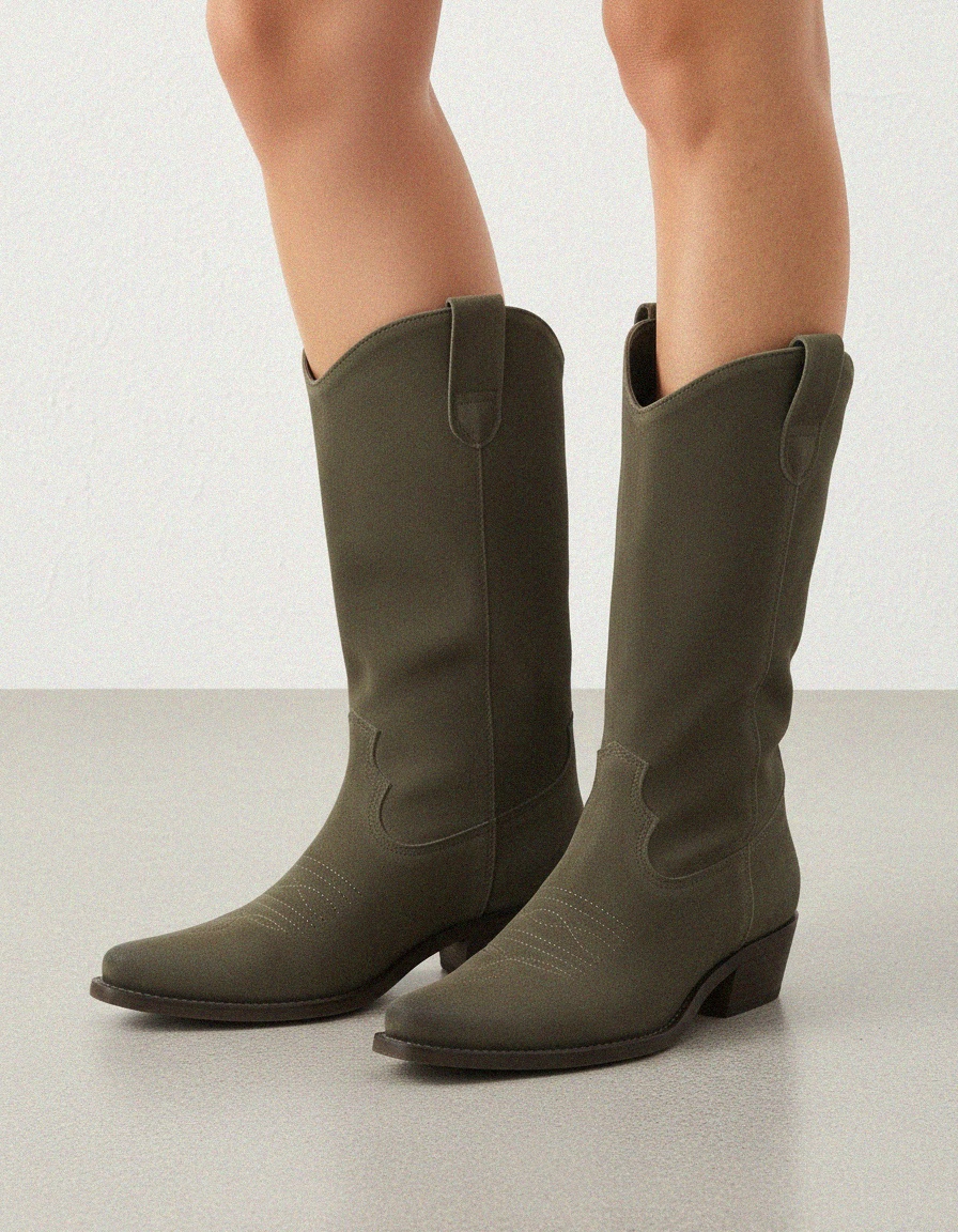 Olive Suede Western Boots with Pointed Toe photo 2