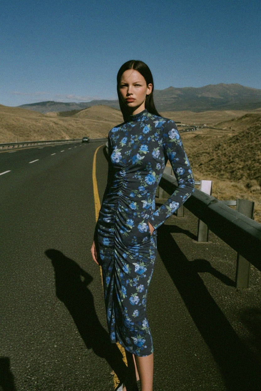 Floral Ruched Long Sleeve Midi Dress photo 3