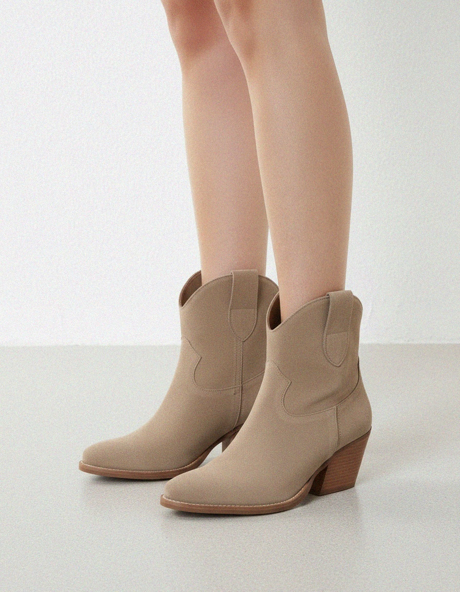 Beige Suede Western Ankle Boots with Block Heel photo 2