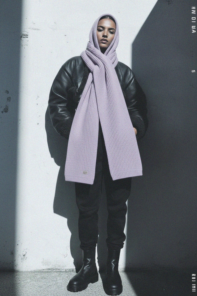 Soft Ribbed Knit Hooded Scarf - Lavender photo 4