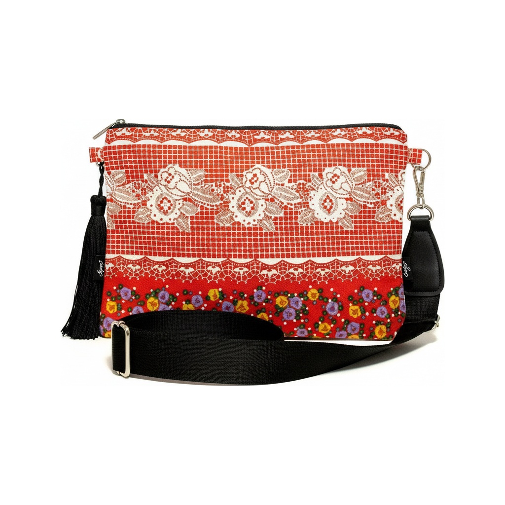 Vibrant Red Floral Pattern Crossbody Bag with Tassel photo 1
