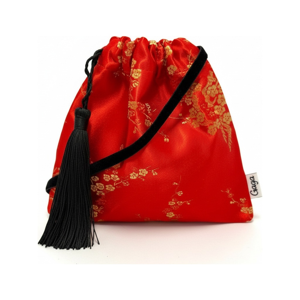 Red Floral Drawstring Bag with Black Tassel photo 1