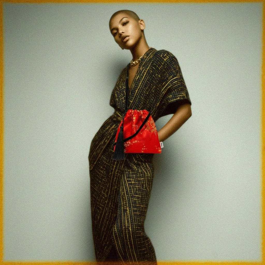 Red Floral Drawstring Bag with Black Tassel photo 4