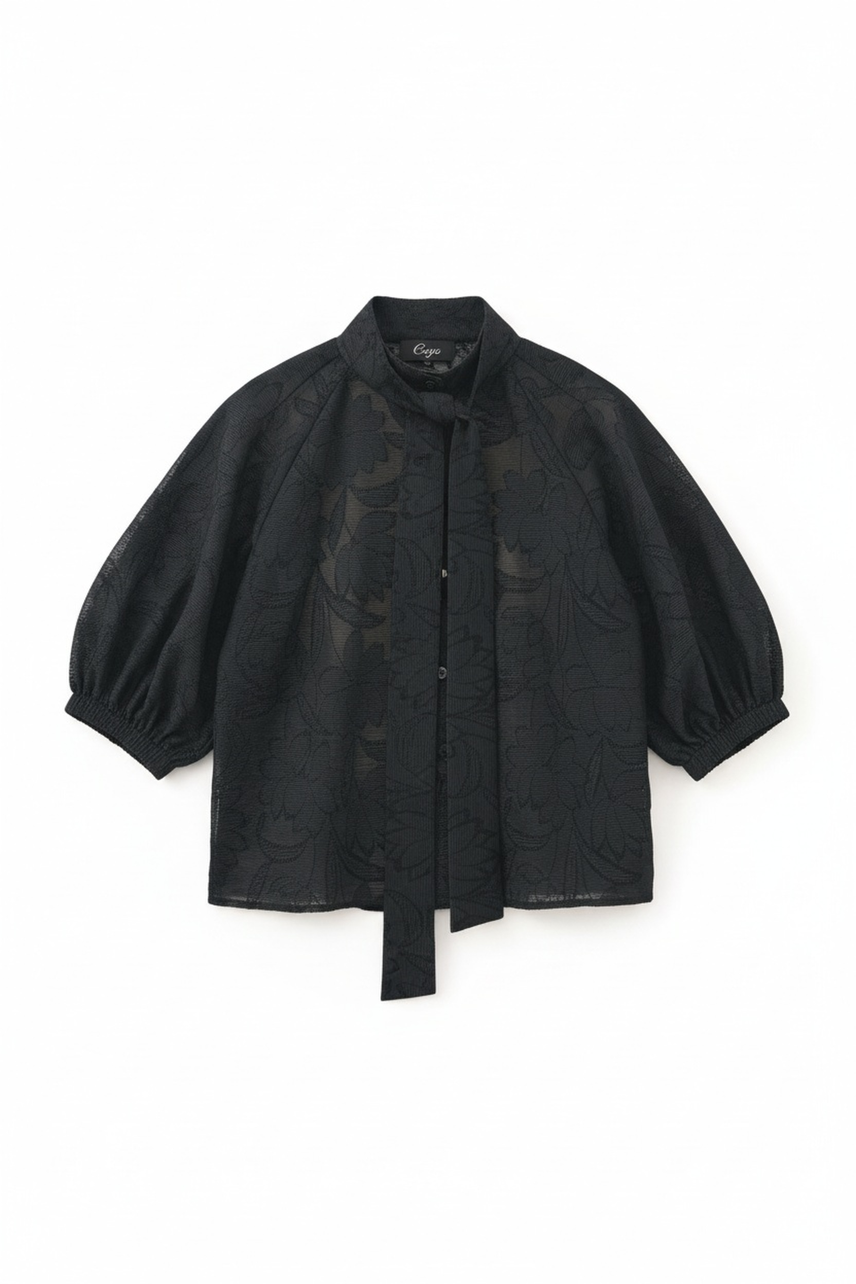 Textured Floral Tie-Neck Blouse with Voluminous Sleeves photo 1