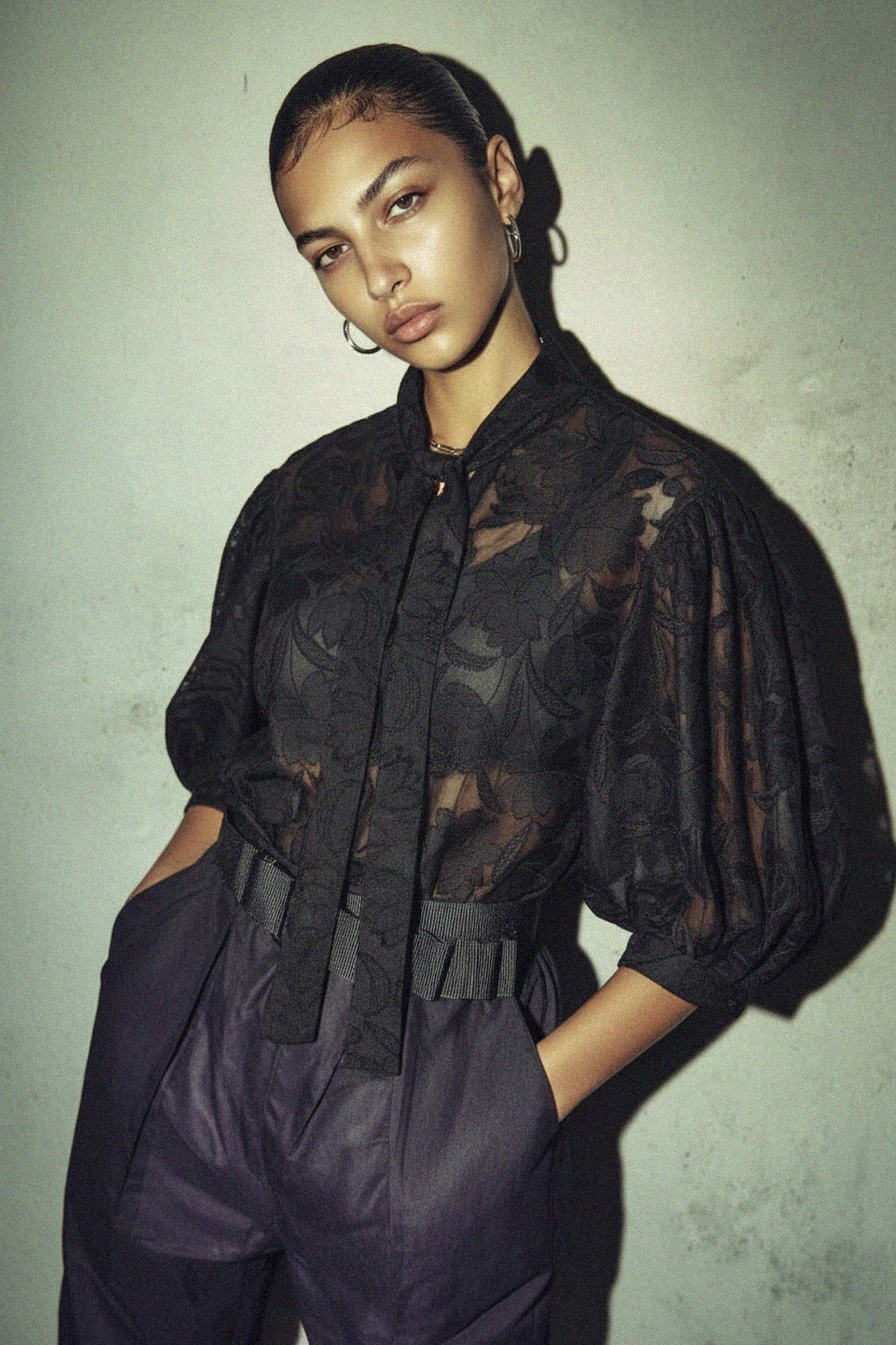 Textured Floral Tie-Neck Blouse with Voluminous Sleeves photo 2