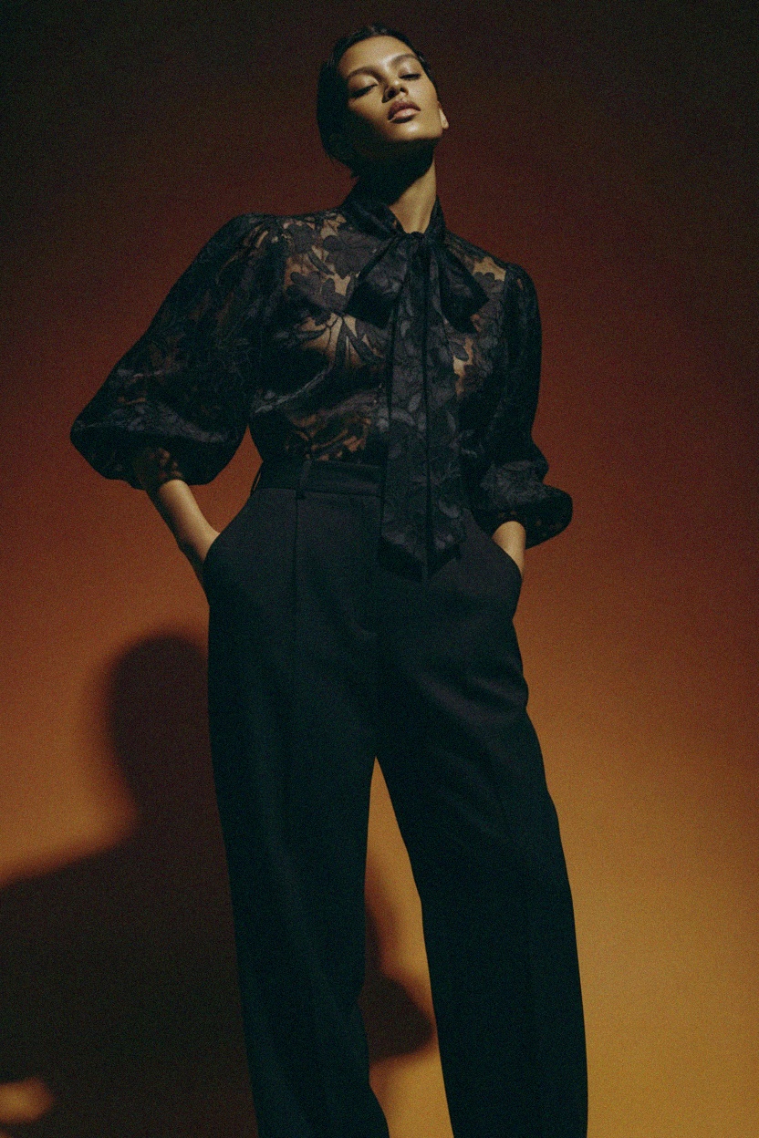 Textured Floral Tie-Neck Blouse with Voluminous Sleeves photo 3