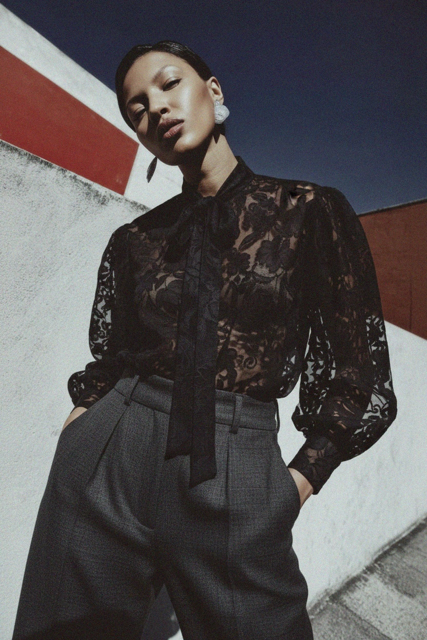 Textured Floral Tie-Neck Blouse with Voluminous Sleeves photo 4