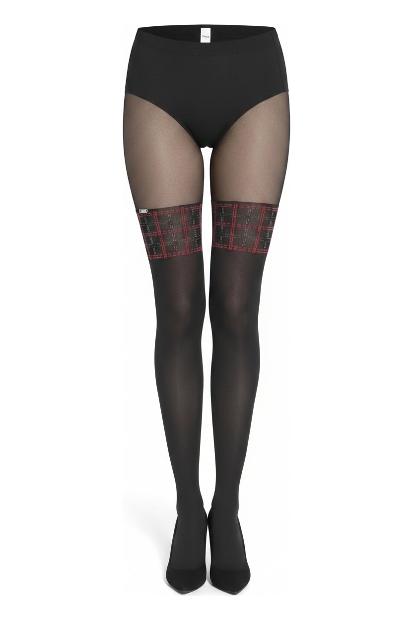 Black Sheer Tights with Red Plaid Thigh Detail photo 1